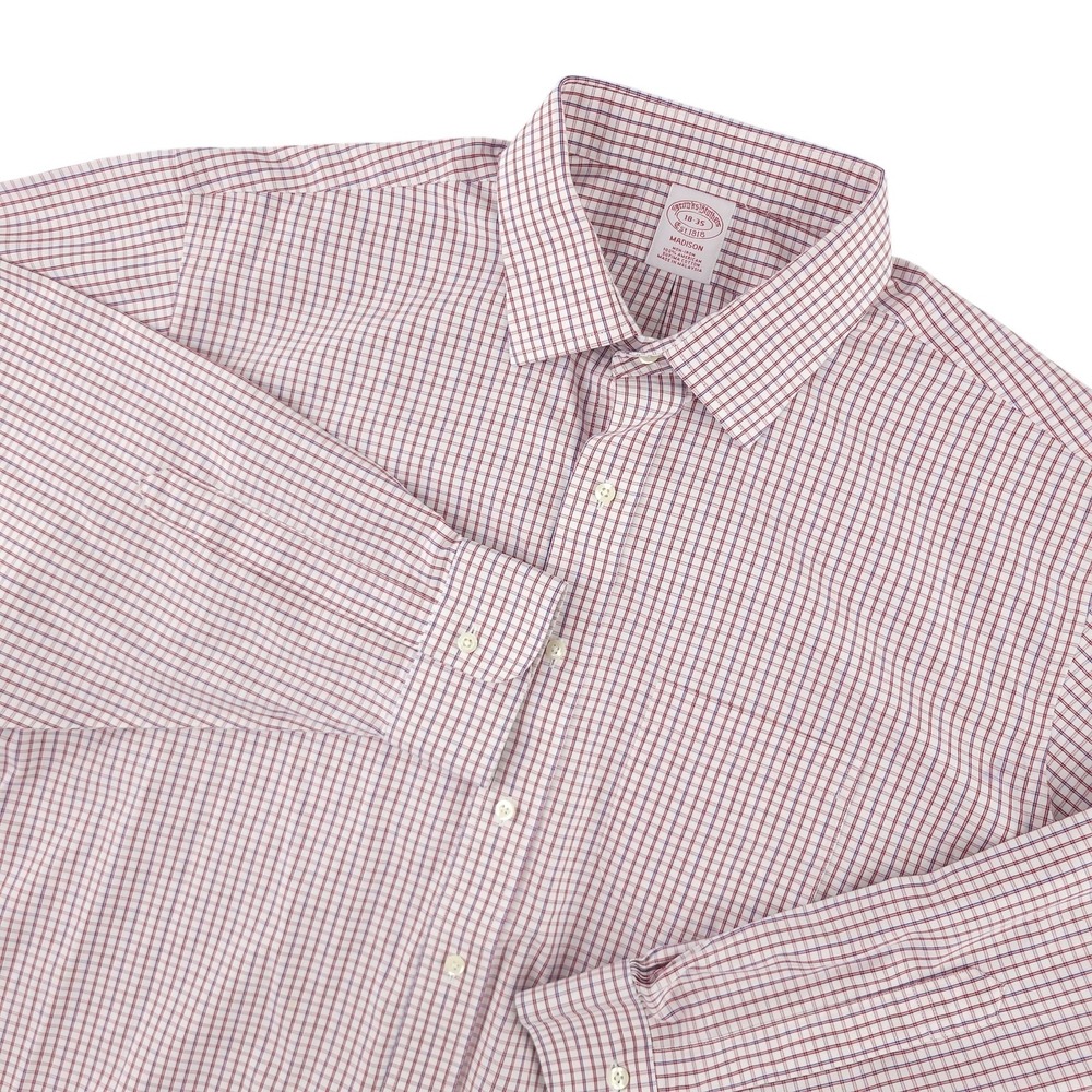 Brooks Brothers Dress Shirt Mens 18 35 White Check Madison Non Iron Supima